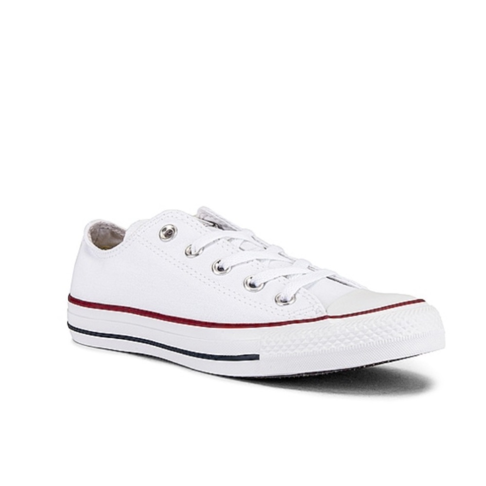 Converse White Low Top Canvas Sneakers with Red and Black Stripes - Picture 2 of 12